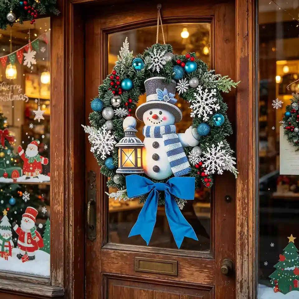 45CM Snowman Christmas Wreath For Front Door Blue Ball Snowflake Wreath Home Scene Decor Door Wreath Christmas